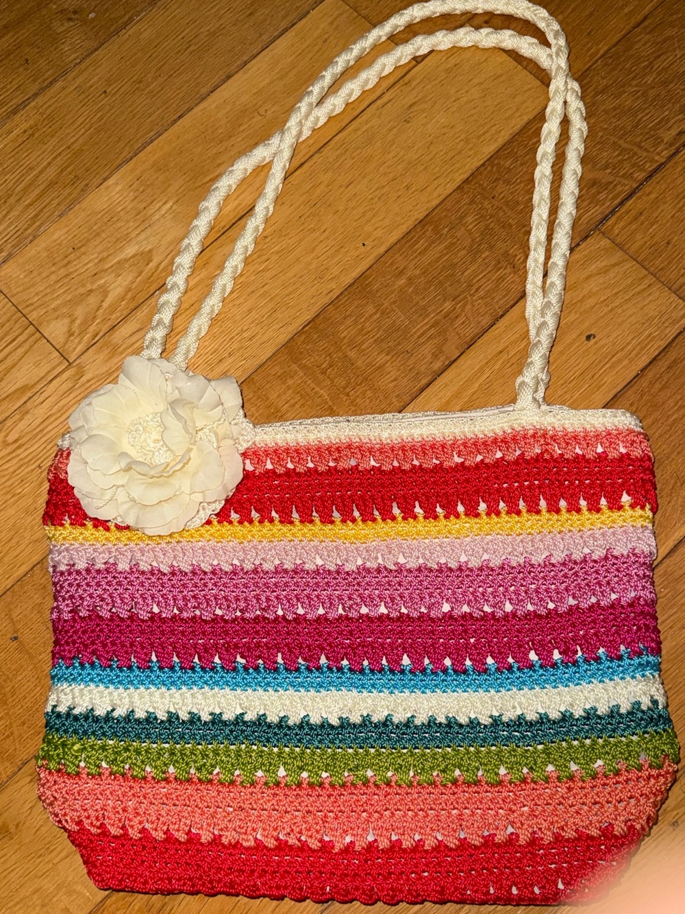 Lina Multicolor Striped Crochet Tote with Cream Flower